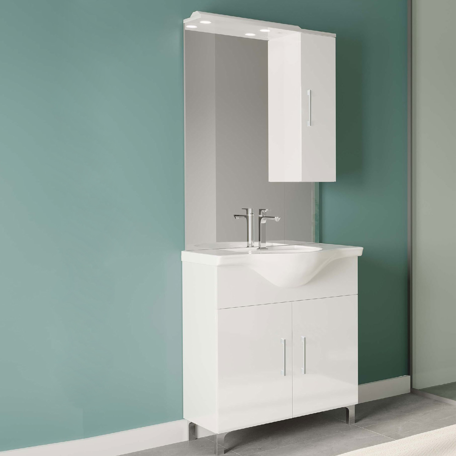 Bathroom cabinet complete with washbasin and mirror with 75 cm wall unit  Glossy White Beach 1