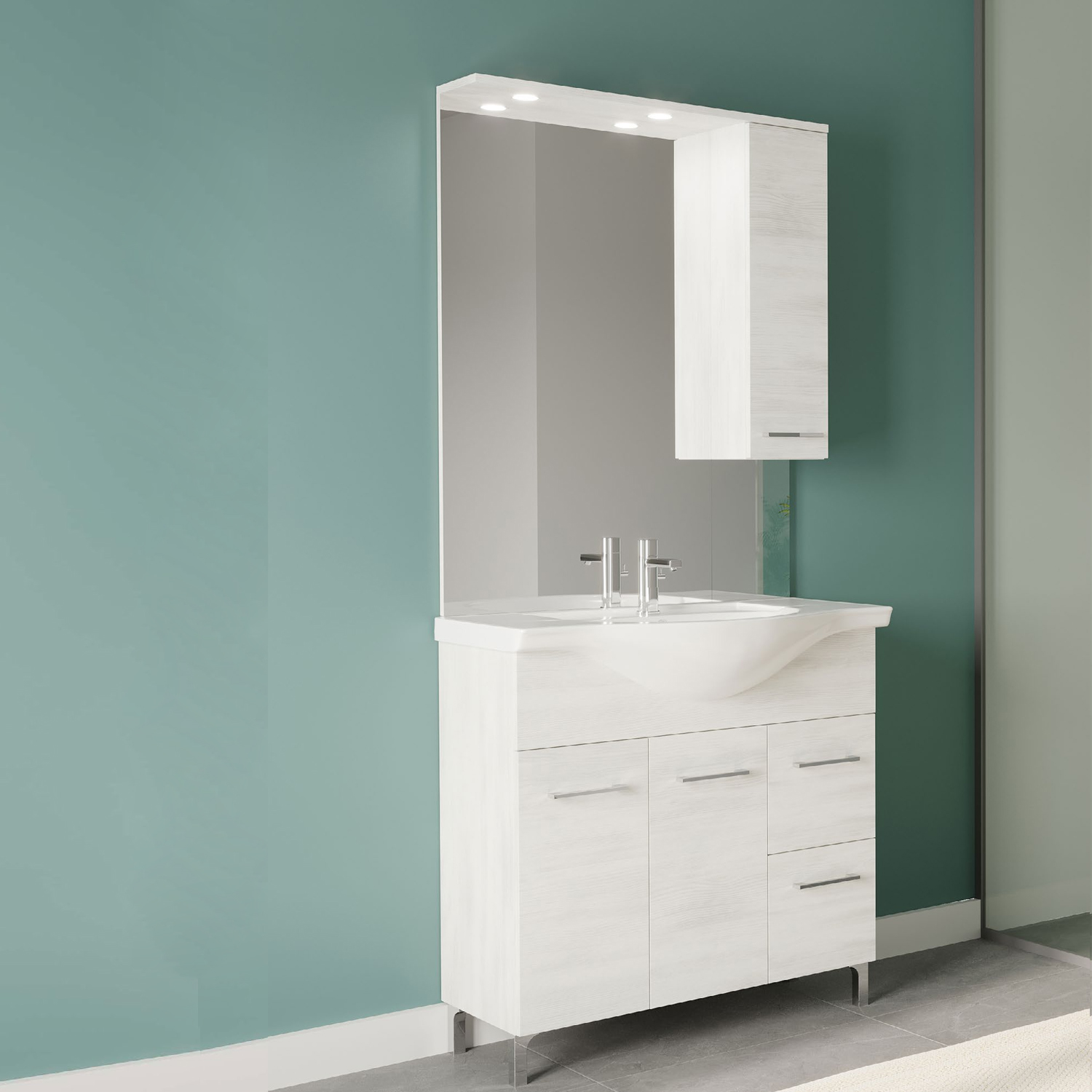 Mobile bagno completo di lavabo e specchio con pensile cm 85 Rovere Bianco  Beach2