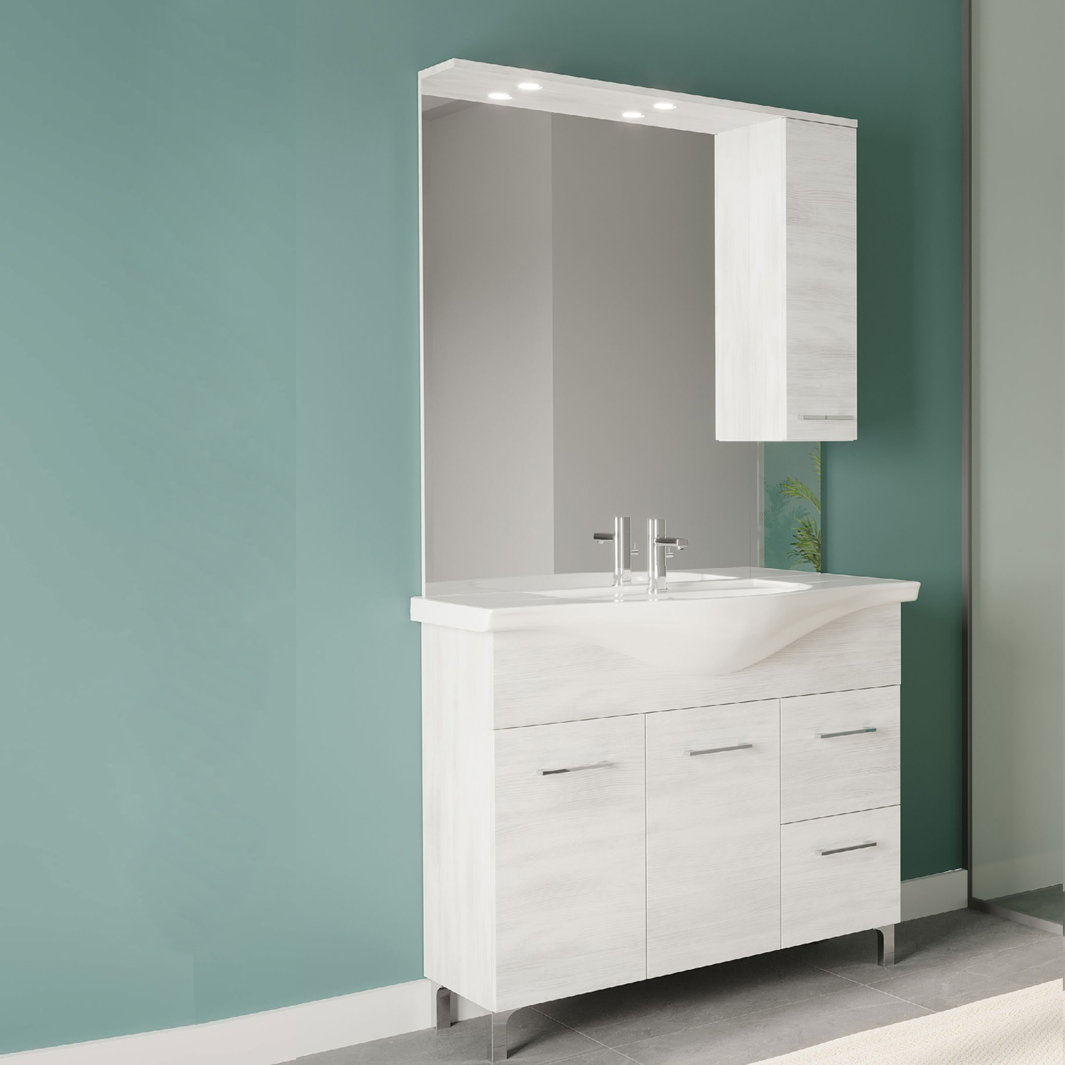 Mobile bagno completo di lavabo e specchio con pensile cm 105 Rovere Bianco  Beach3
