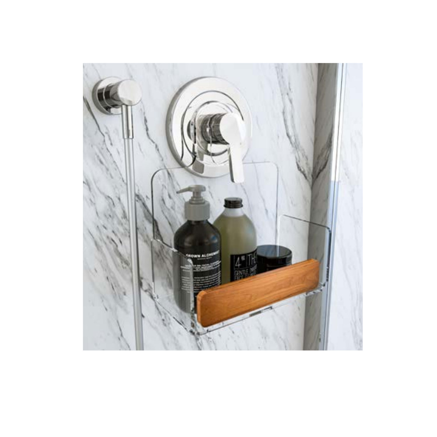 Object holder for shower faucet in transparent Plexiglass and details in  Teak Bright series by Cipi