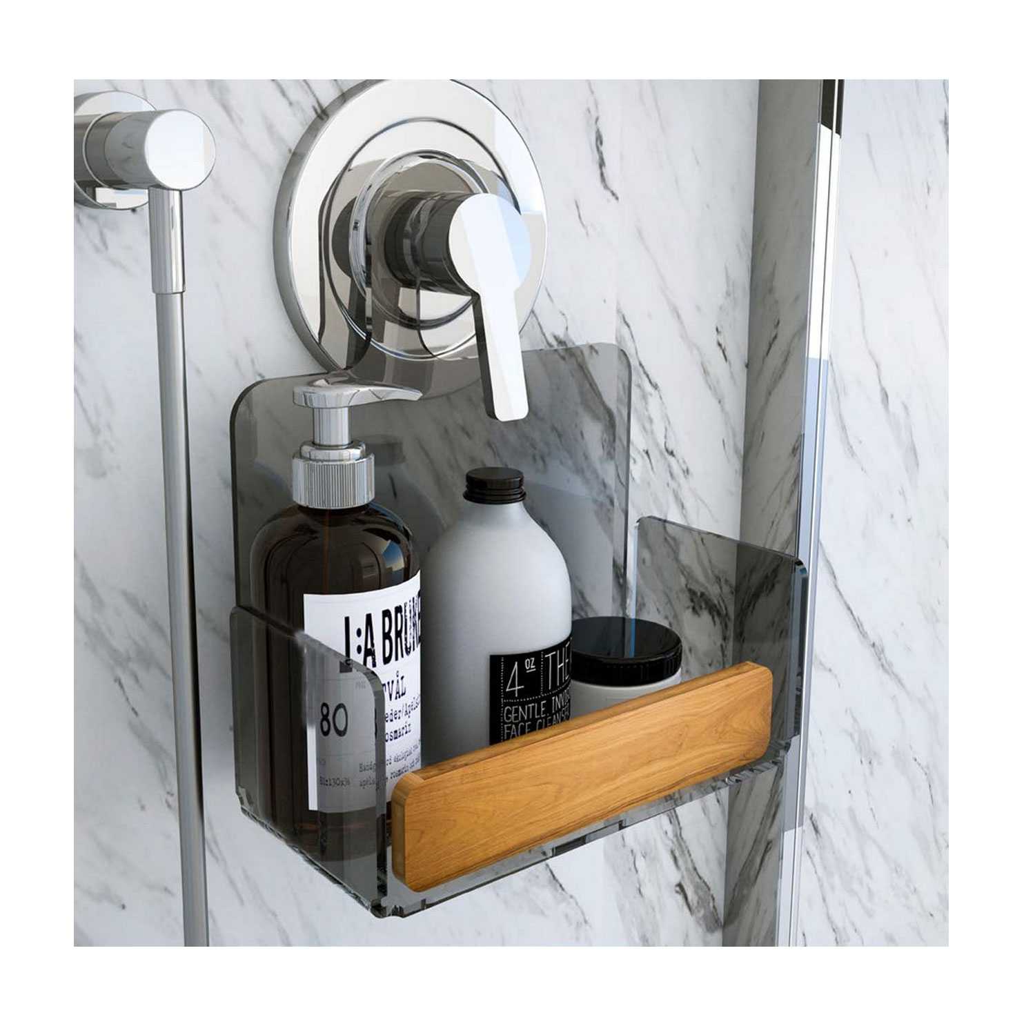 Door objects for shower faucet in transparent smoked Plexiglass and details  in Teak Bright series by