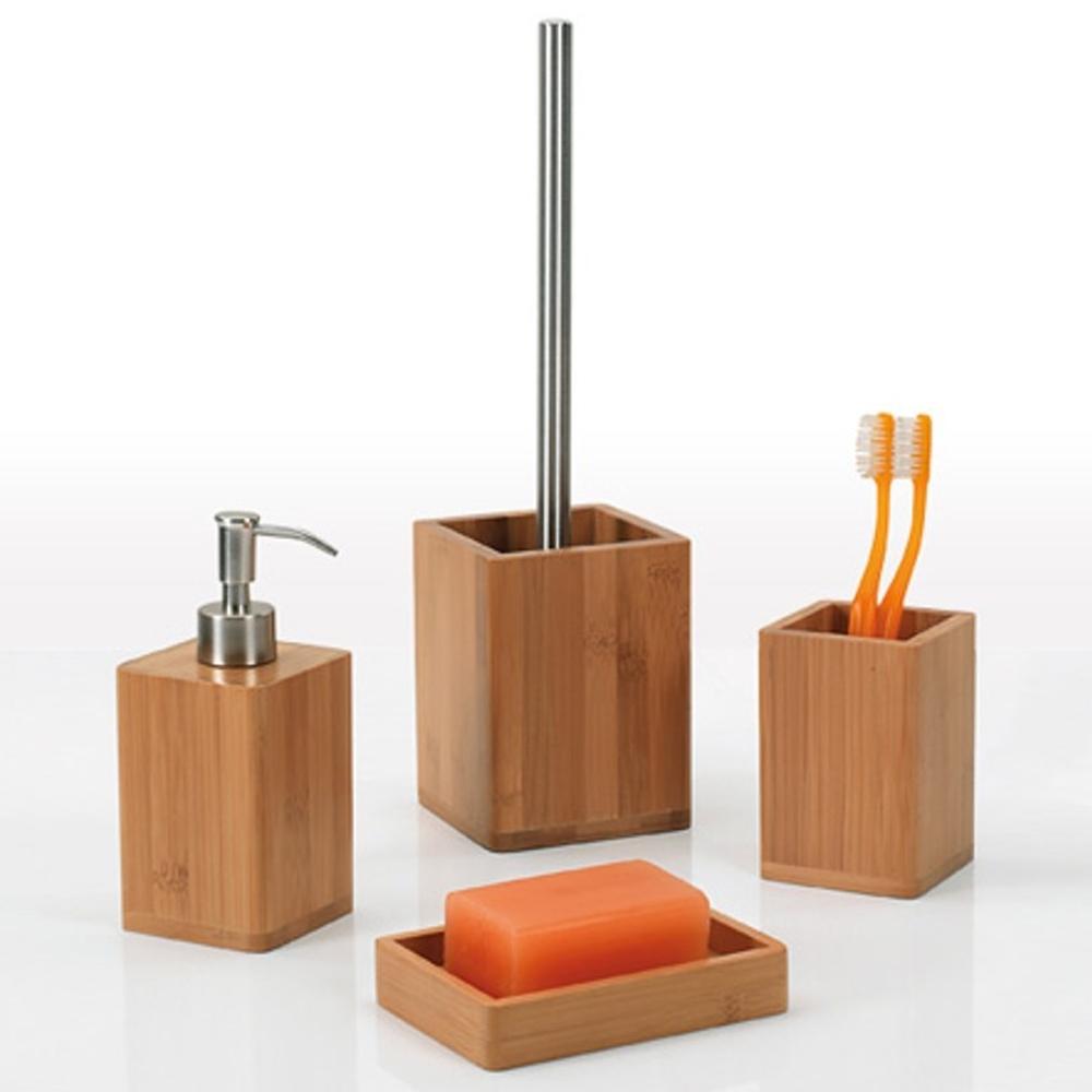 dispenser di sapone portaspazzolino Tongdejing Set di accessori da bagno in legno di bambù set regalo 6 cs scopino per WC portasapone cestino dei rifiuti 