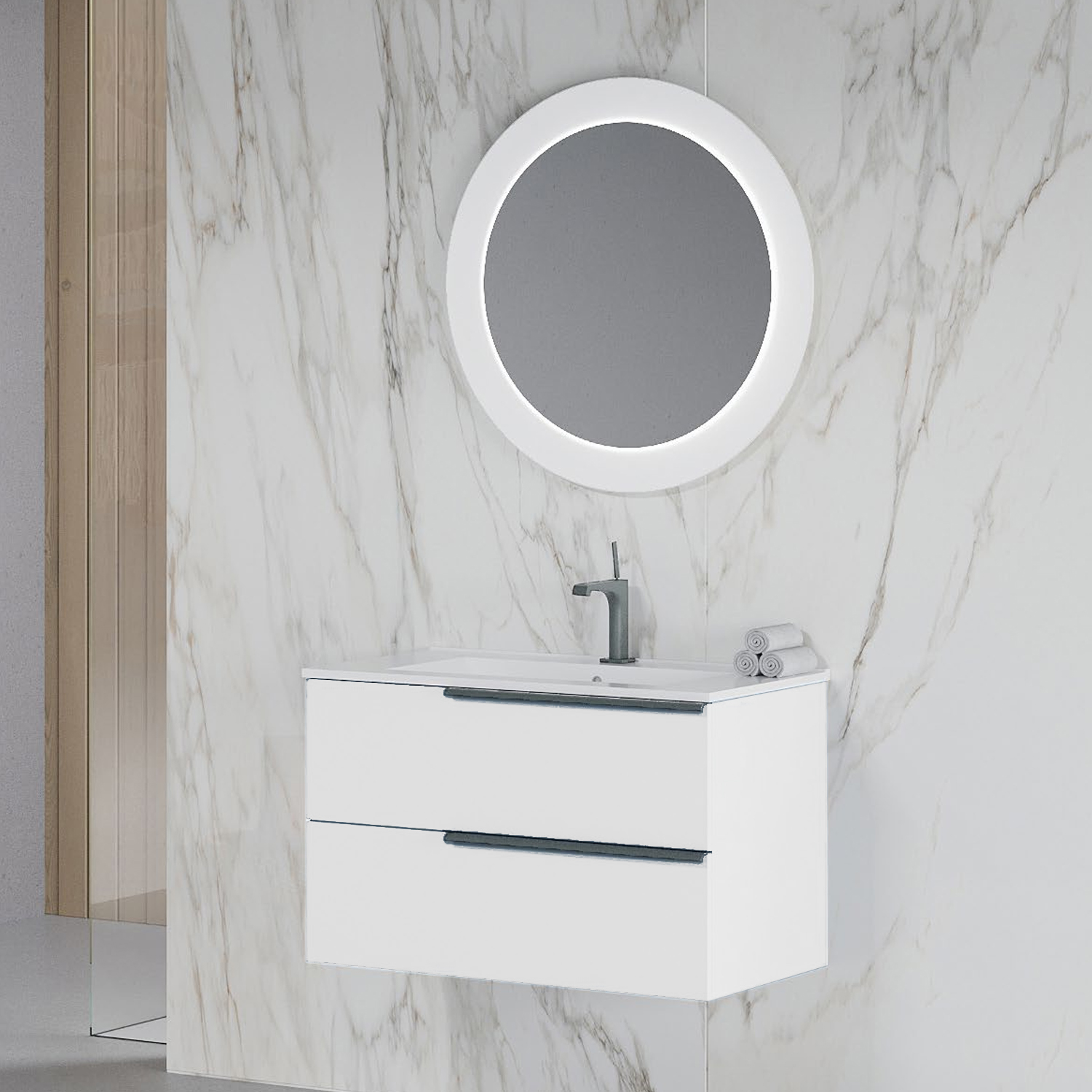 Mobile bagno con lavabo in ceramica e specchio led cm 80 colore Bianco  Alaska-modello Symmetry 1