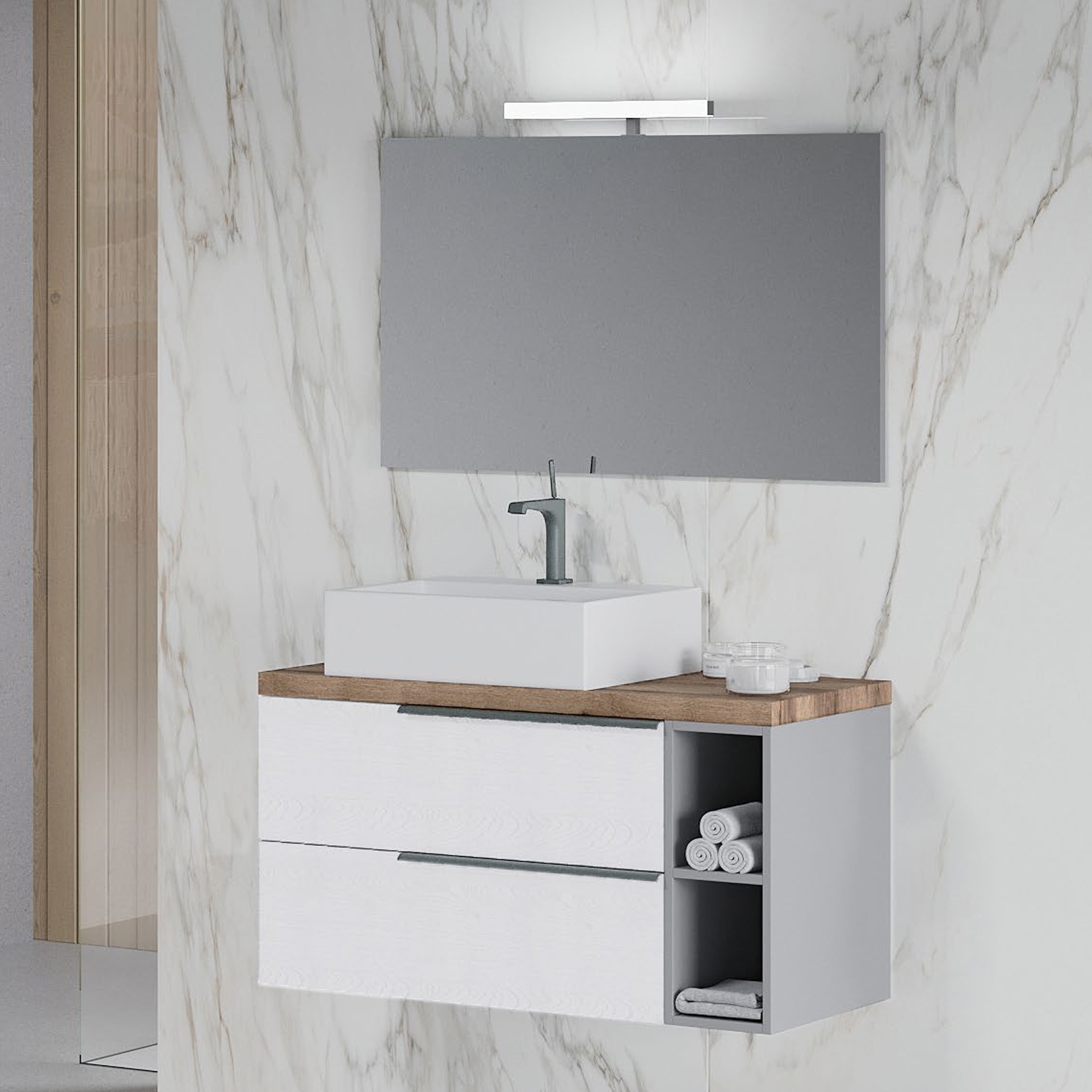 Mobile bagno con lavabo in ceramica specchio e lampada cm 100 colore Bianco  Alaska-modello Symmetry 3