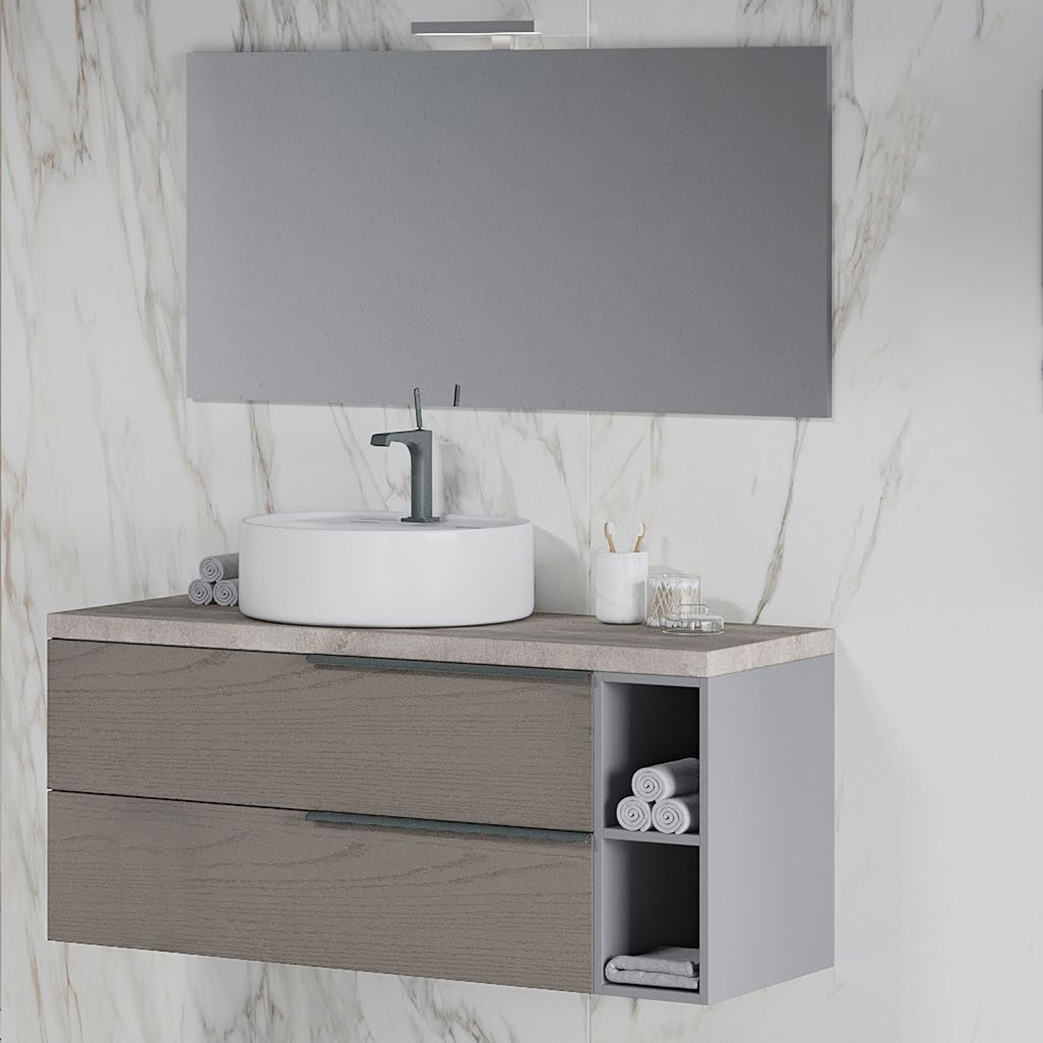Mobile bagno con lavabo in ceramica specchio e lampada cm 120 colore  Pietra-modello Symmetry 4
