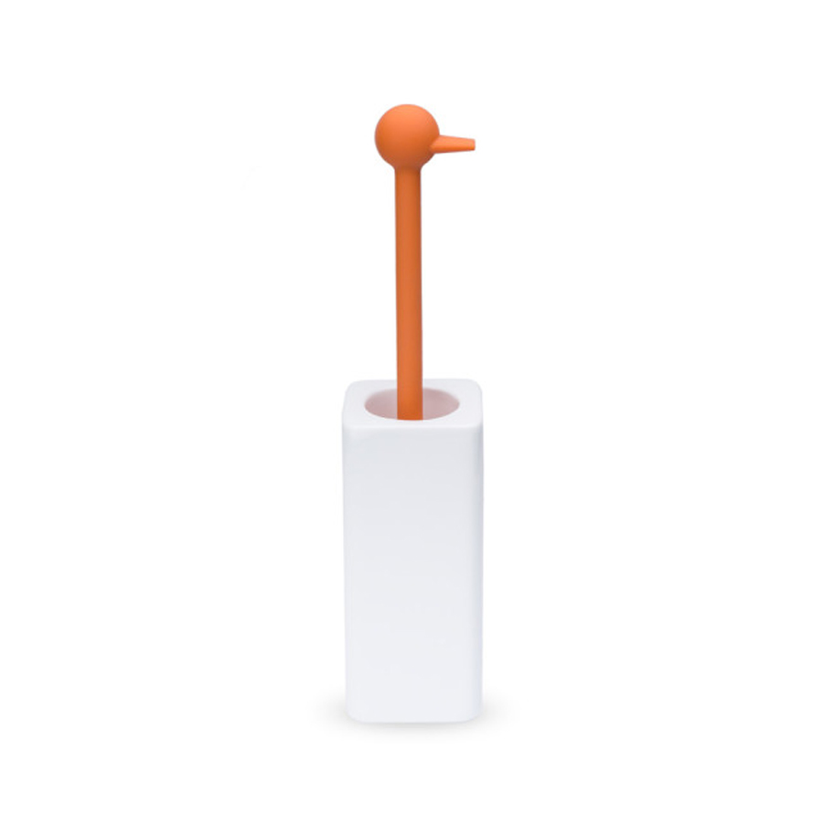 Portascopino in ceramica bianca con scopino manico a forma di testa d'oca  in silicone arancione