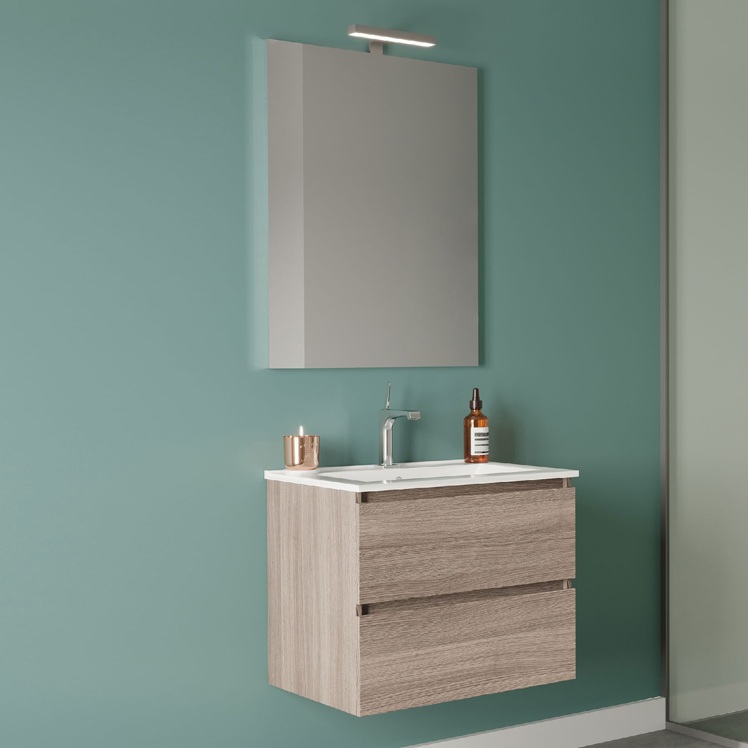 Mobile bagno con lavabo in ceramica specchio e lampada cm 60 colore Rovere  Fumo-modello Symmetry Classic 3