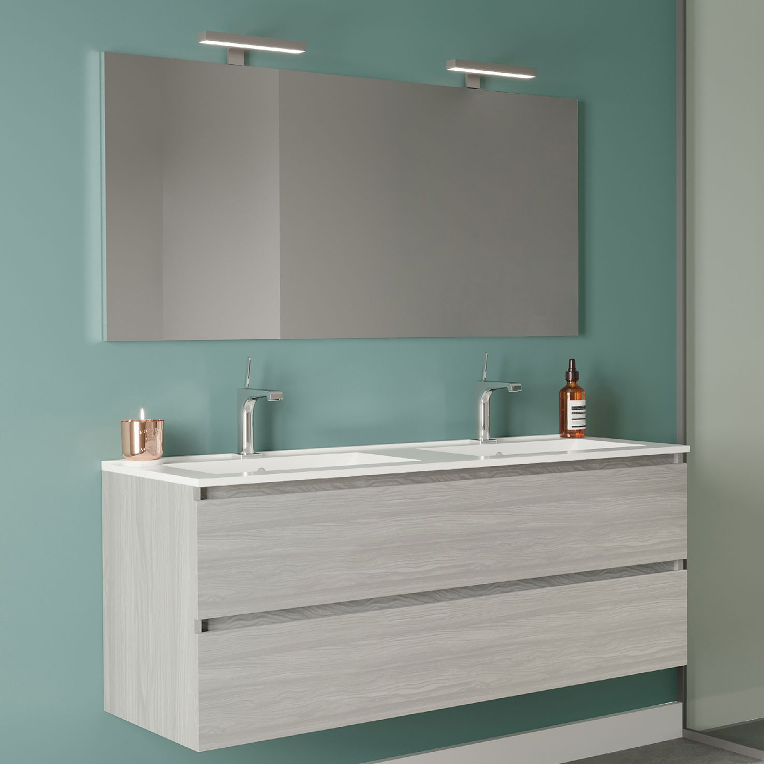 Mobile bagno con lavabo in ceramica specchio e lampada cm 120 colore  Pietra-modello Symmetry 4