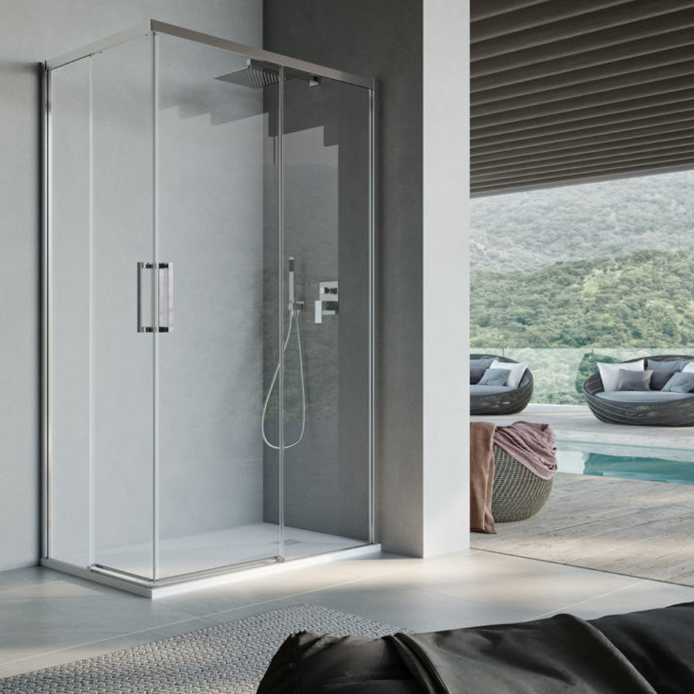 Mampara de ducha cuadrada con puerta corredera esquinera modelo Lauren de  70x100 cm en cristal templado