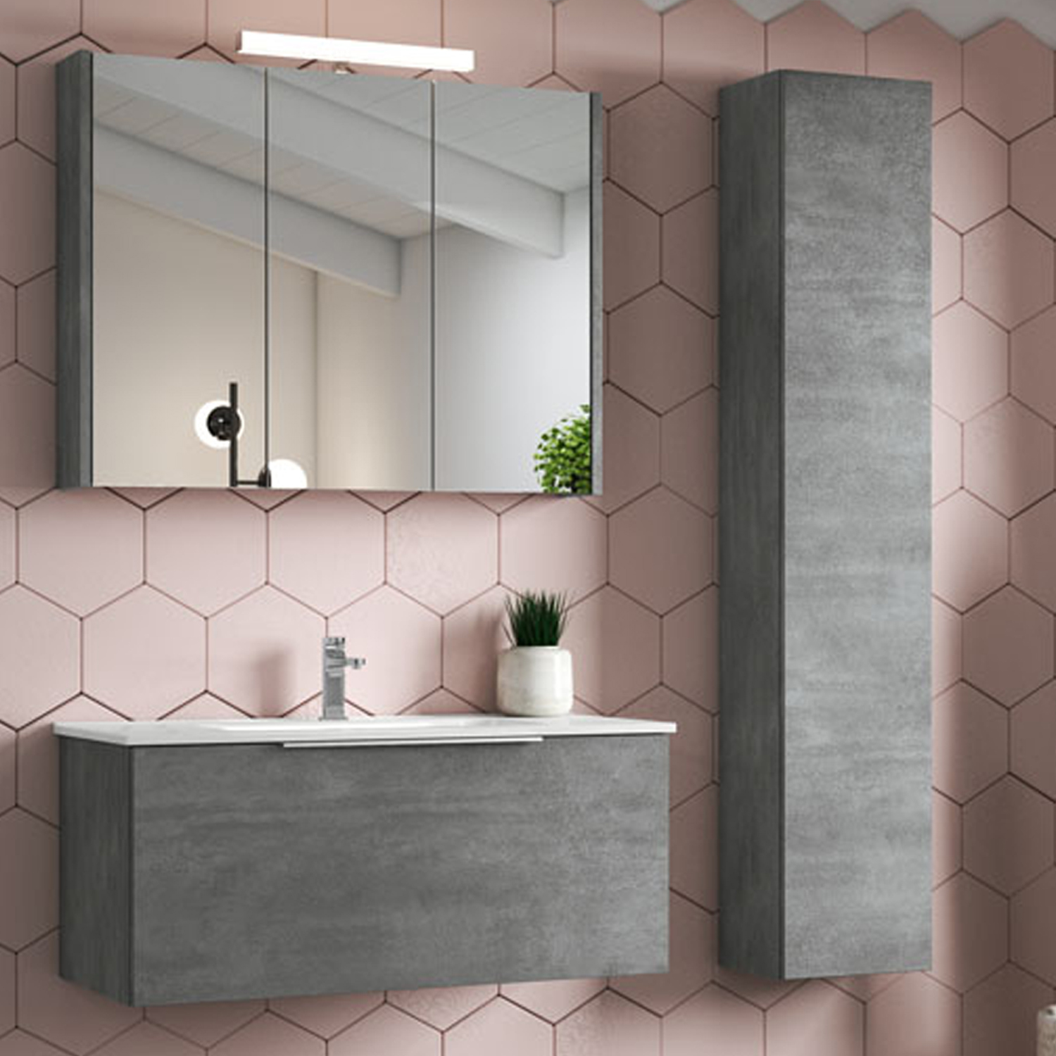 Mobile bagno sospeso con lavabo colonna e specchio color Cemento modello  Portland 120x46x195h cm