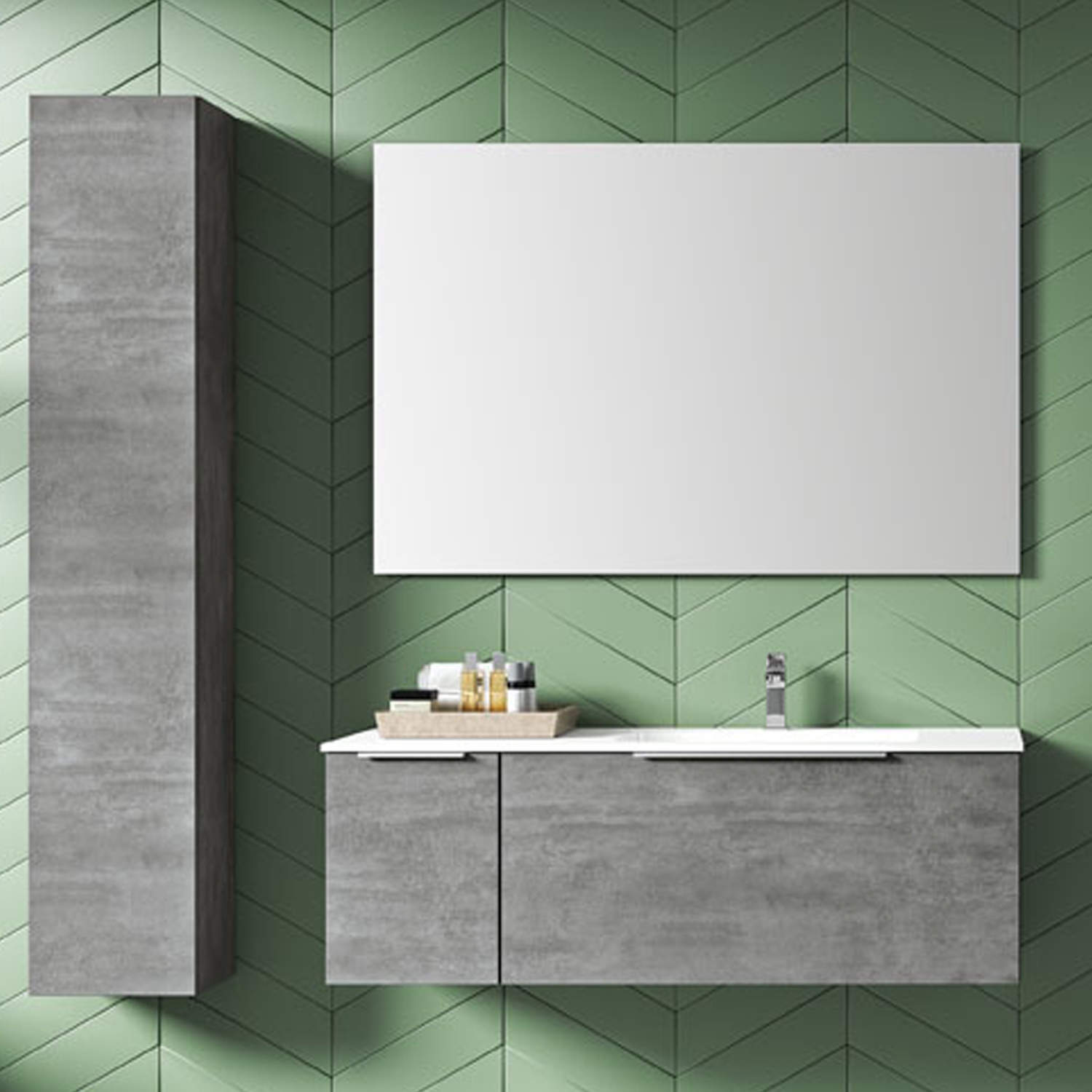 Mobile bagno sospeso con lavabo colonna e specchio color Cemento modello  Portland03 150x46x195h cm
