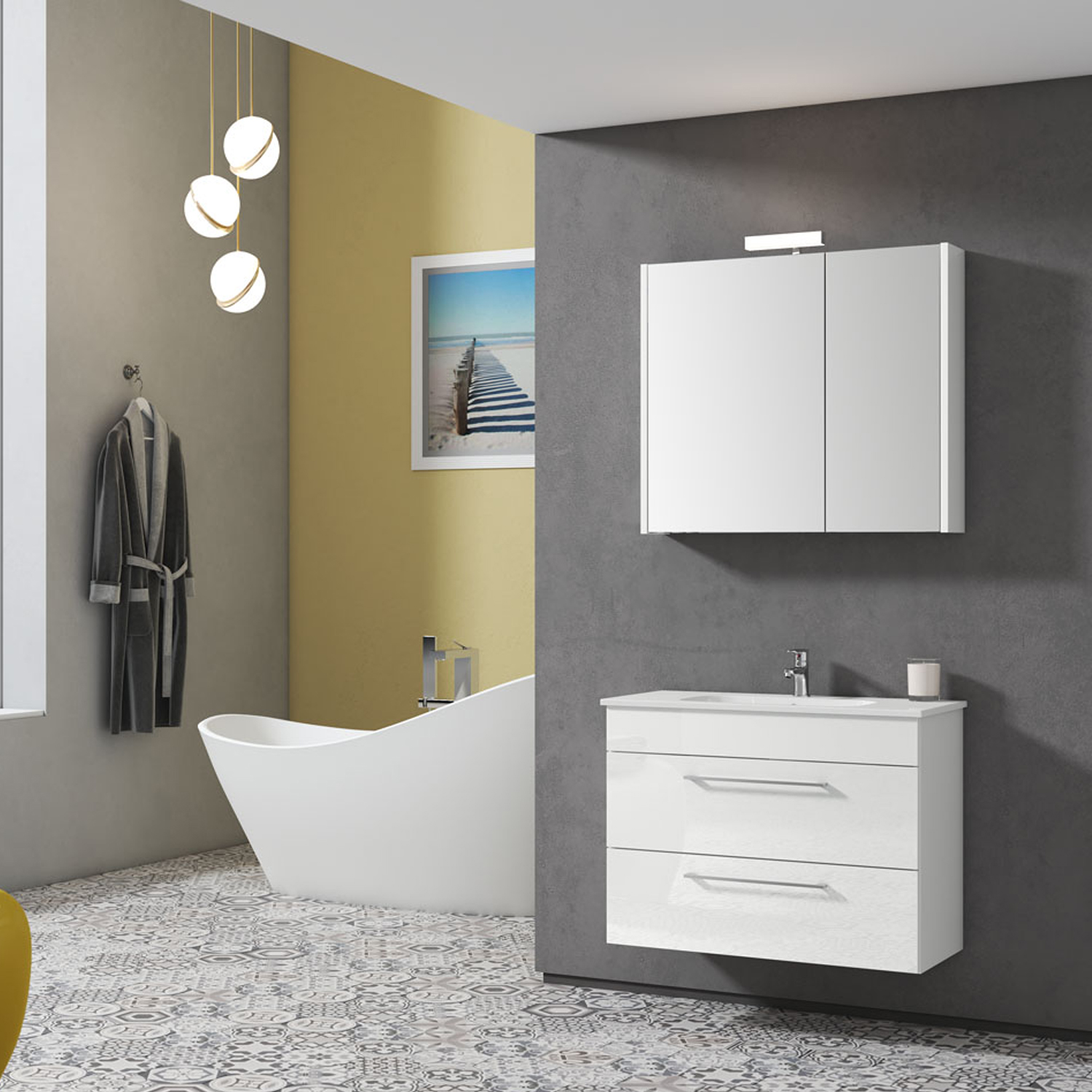 Mobile bagno sospeso con lavabo e specchio contenitore illuminato color  Bianco Lucido modello Gio' 03 80x40x195h cm