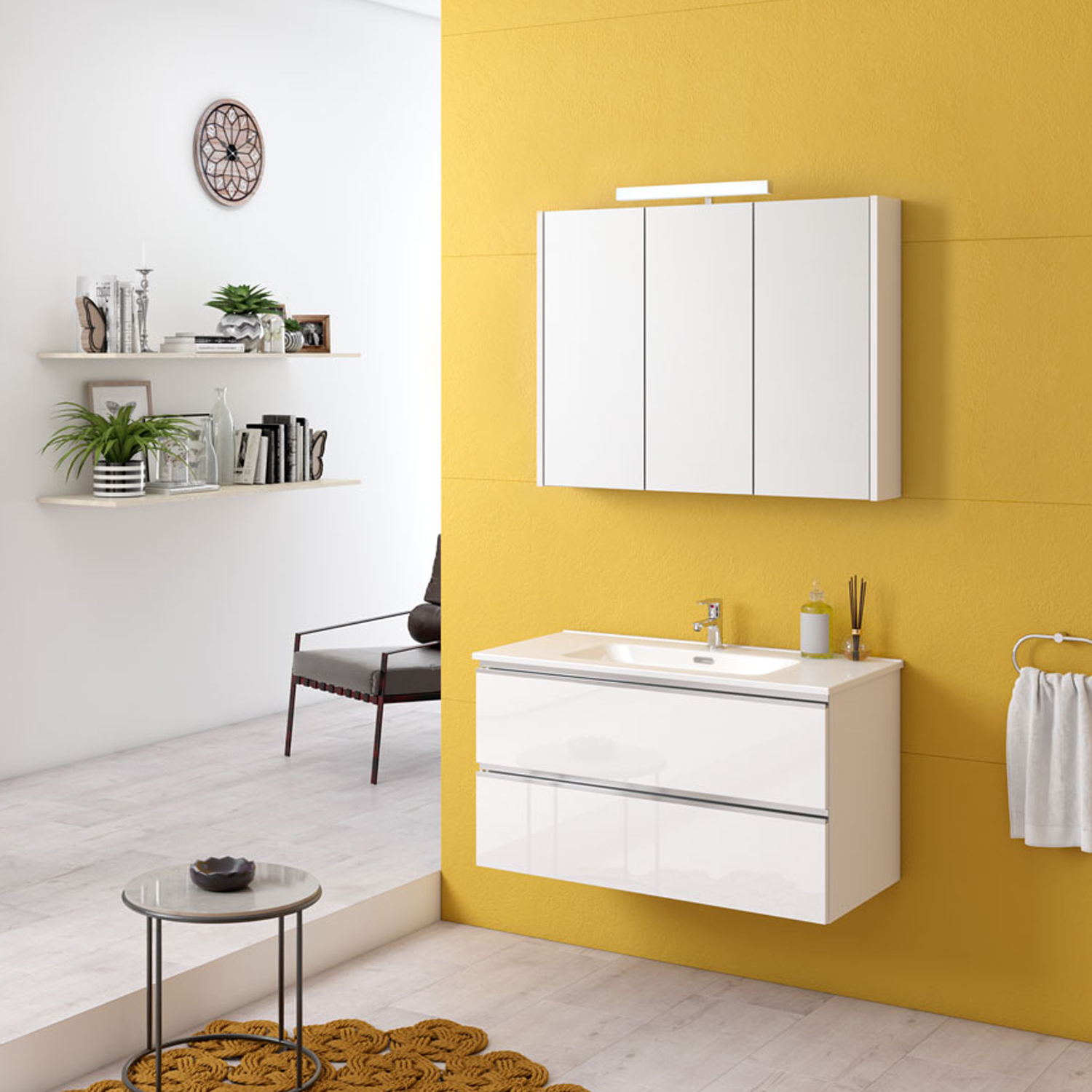 Composizione di mobili bagno con lavabo, pensile e specchio modello York08  100x46x190h cm Bianco Lucido