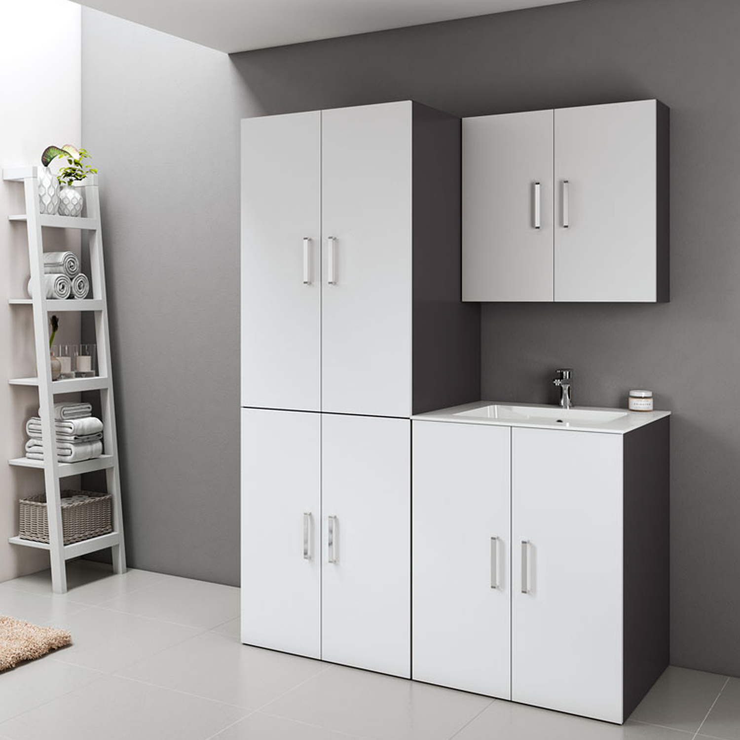Composizione Mobili Lavanderia Area51-01 con lavatoio e moduli lavatrice ed  asciugatrice - Bianco Laccato Opaco