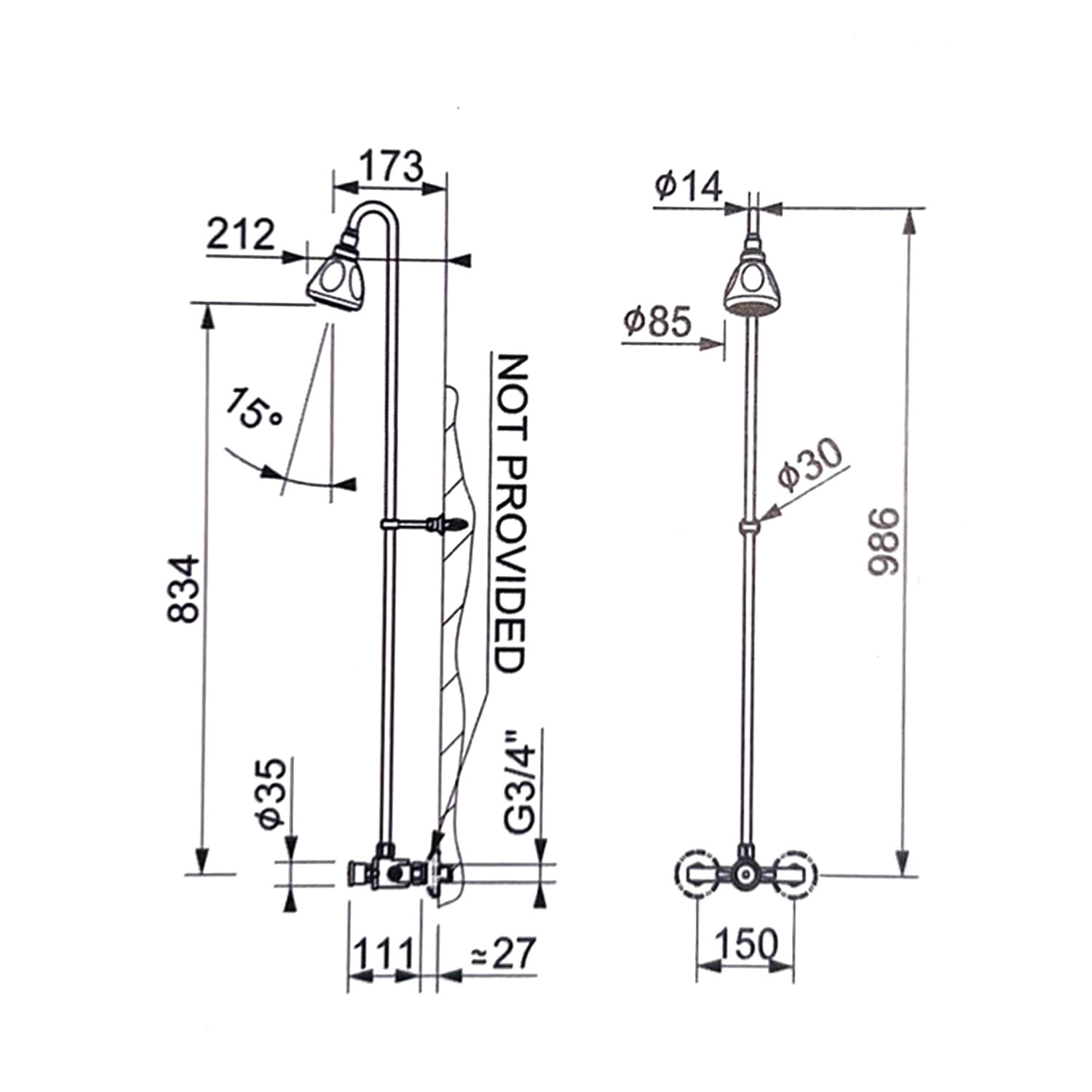 MCM self closing shower mixer with spout, non return valve shower head