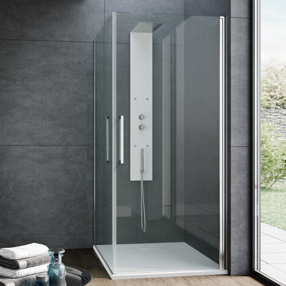 Mampara de ducha con doble apertura de esquina con bisagra cm 90x90 modelo  Beauty en vidrio