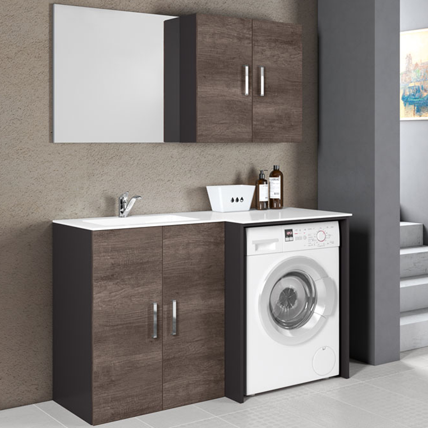 Composizione Mobili Lavanderia Area51-03 con lavatoio, modulo lavatrice e  pensile - Rovere Scuro