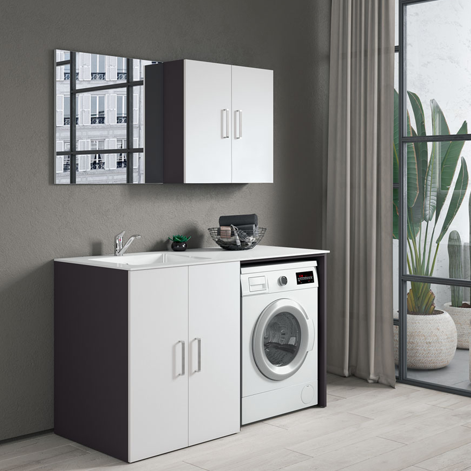 Composizione Mobili Lavanderia Area51-05 con lavatoio, modulo lavatrice e  pensile - Laccato Bianco Opaco