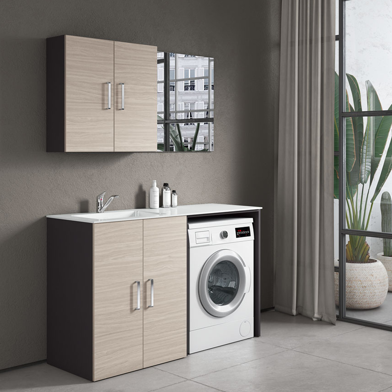Composizione Mobili Lavanderia Area51-07 con lavatoio, modulo lavatrice e  pensile - Olmo Rousseau