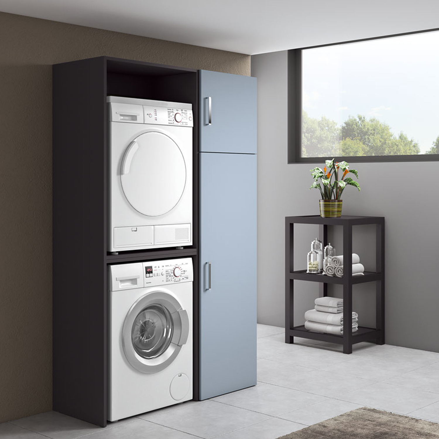 Composizione Mobili Lavanderia Area51-10 con moduli lavatrice ed  asciugatrice e colonna - Indaco Laccato Opaco