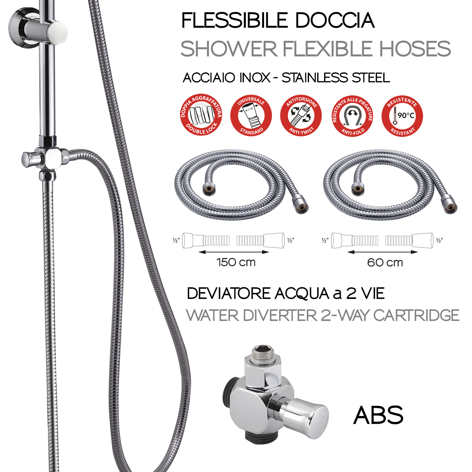 100 cm adjustable shower column with square shower head, single jet
