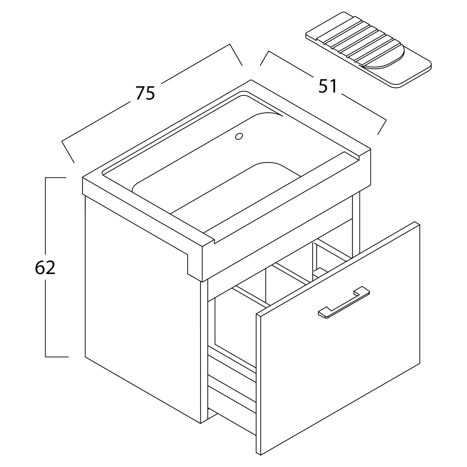 Ceramic sink with suspended drawer unit in melamine and washing axis