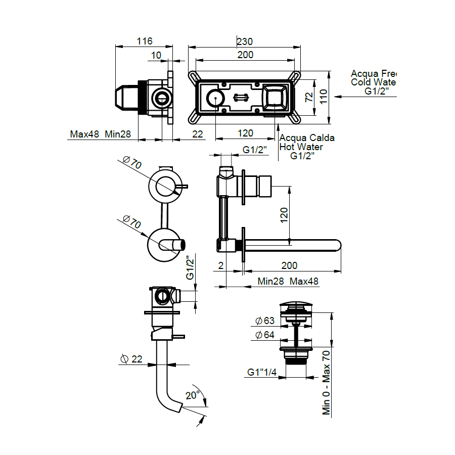 Set of builtin basin mixers with double plate, bidet and bathtub with