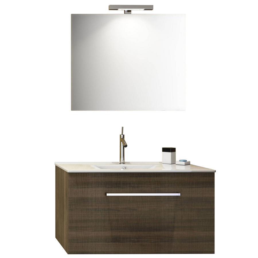 MOBILE BAGNO CON BASE COLOR NOCE, LAVABO D'APPOGGIO E SPECCHIO