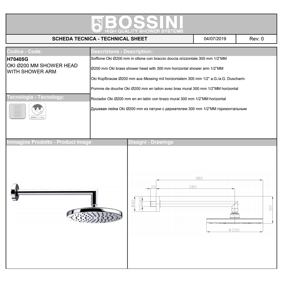 Brass shower head with angle arm diam. Cm 20 Bossini Oki single jet