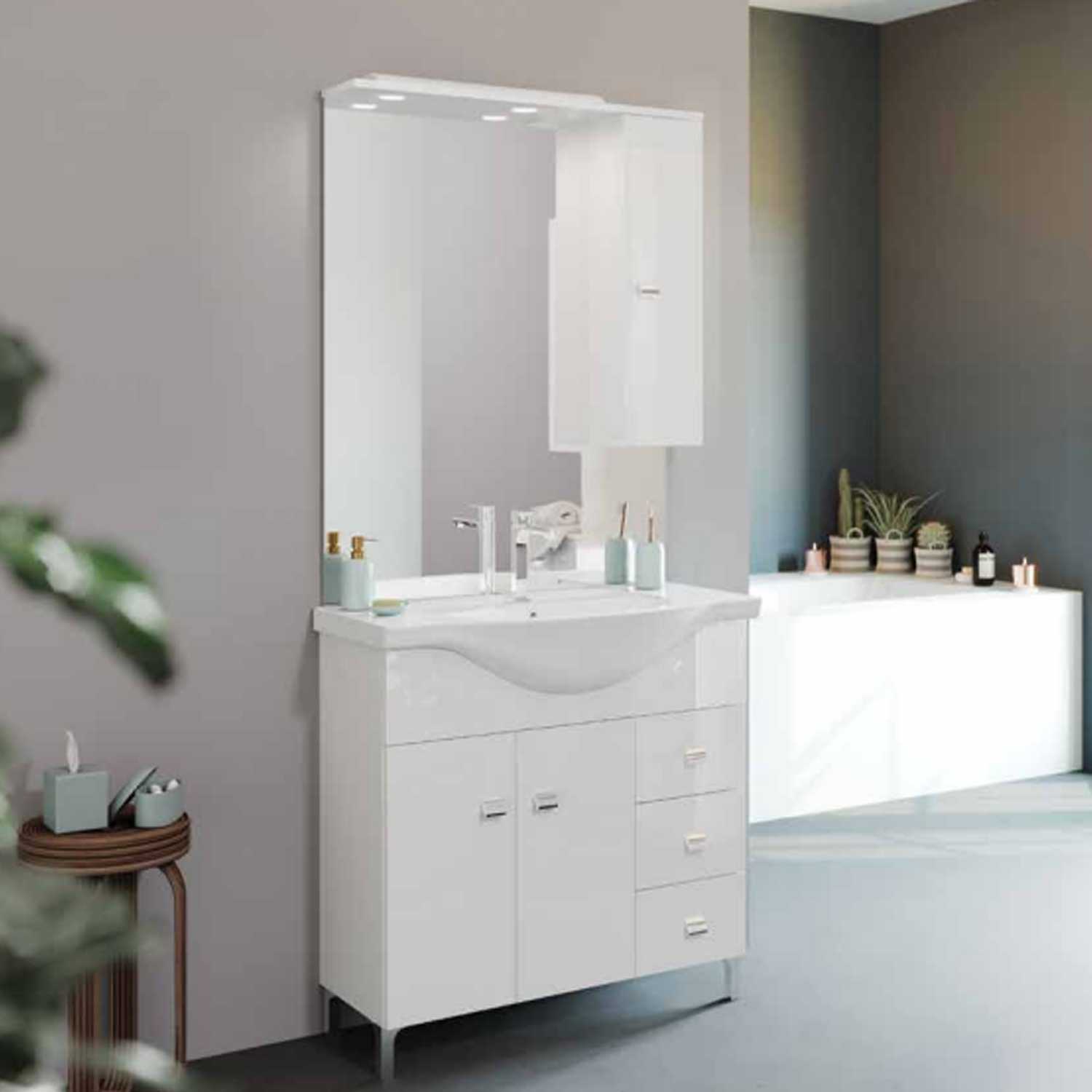 Mobile bagno con lavabo e specchio bianco lucido cm 86