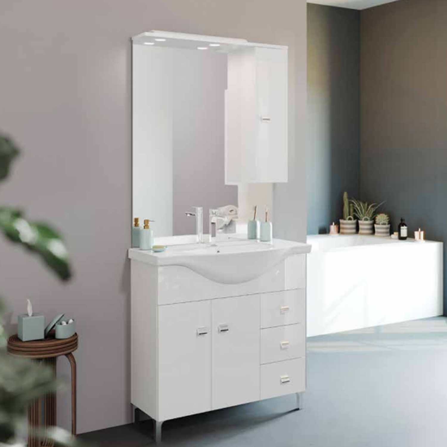 Conjunto de baño, mueble+espejo+lavabo VITTORIA blanco brillante, 101 x 86  x 47