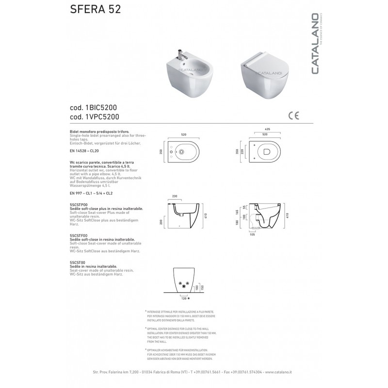 Ceramica Catalano Schede Tecniche.Sanitari Filoparete Ceramica Catalano Sfera 52 Wc Bidet E Sedile Soft Close Ceramicstore