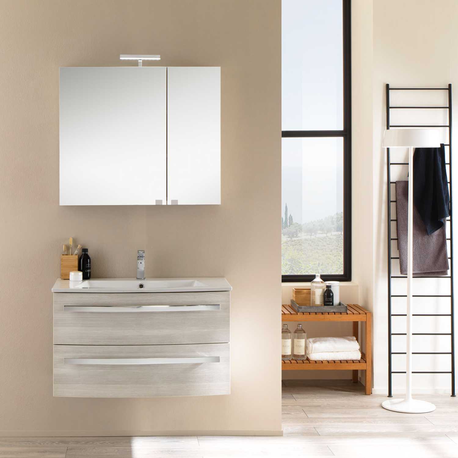 Mueble de baño 60 cm Venere de madera Crema con lavabo de cerámica y espejo  - Caesaroo